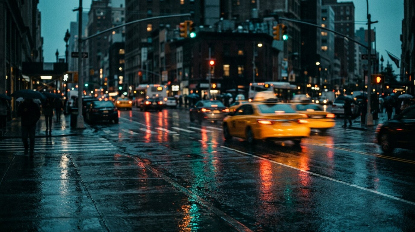 Highway interchange at dusk with car headlights forming light trails over wet pavement