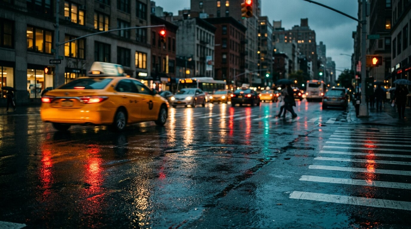 Empty intersection at dawn with traffic signal and a damaged passenger sedan in the foreground