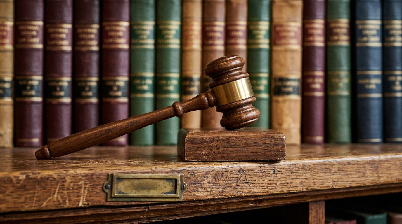 Closed appellate division case reporter on a wooden desk beside a fountain pen in afternoon light