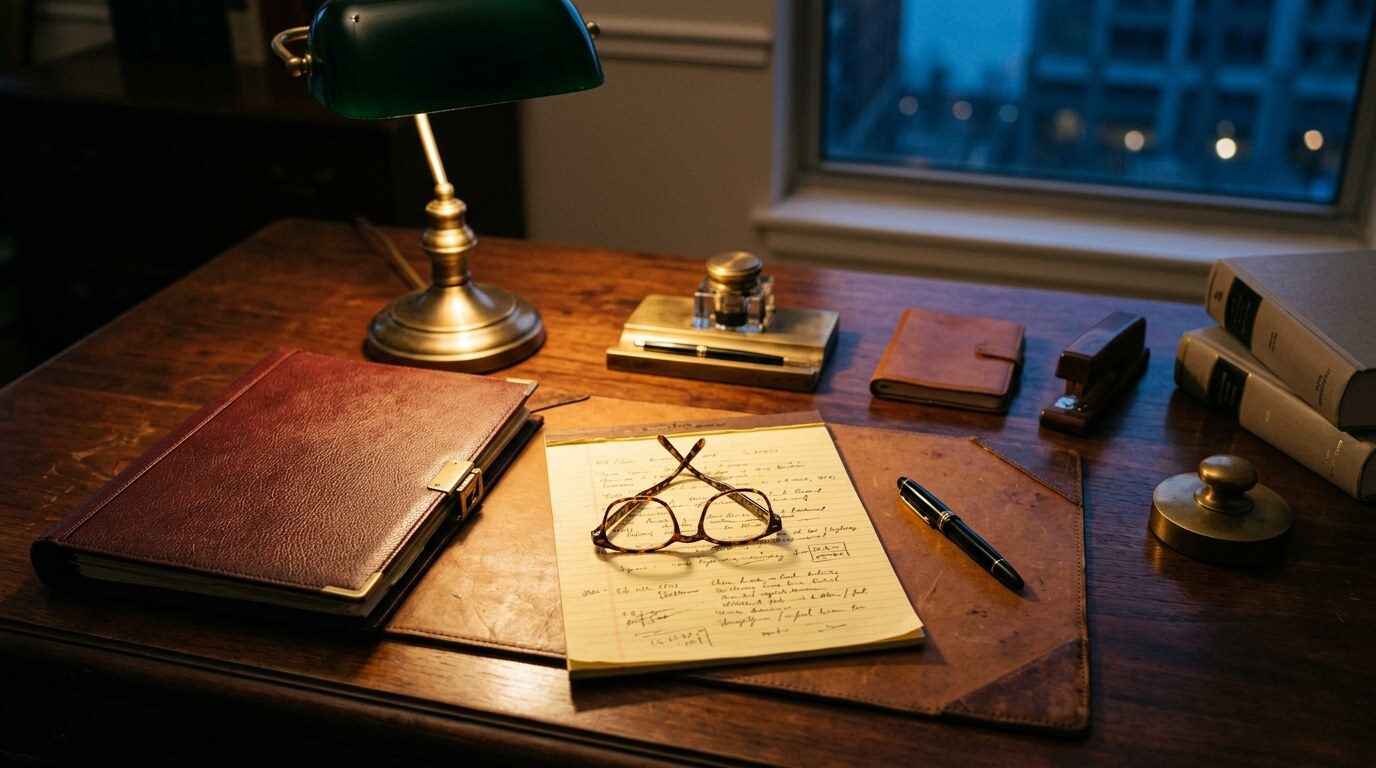 Newspaper masthead and folded broadsheets on a desk beside a closed leather case file in afternoon light
