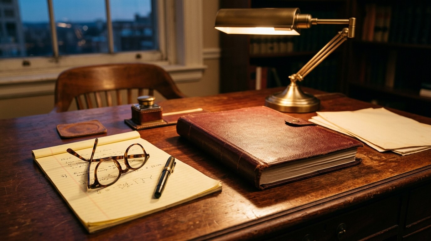 Statehouse rotunda in early morning light with folded newspaper and a closed leather case file on a wooden bench