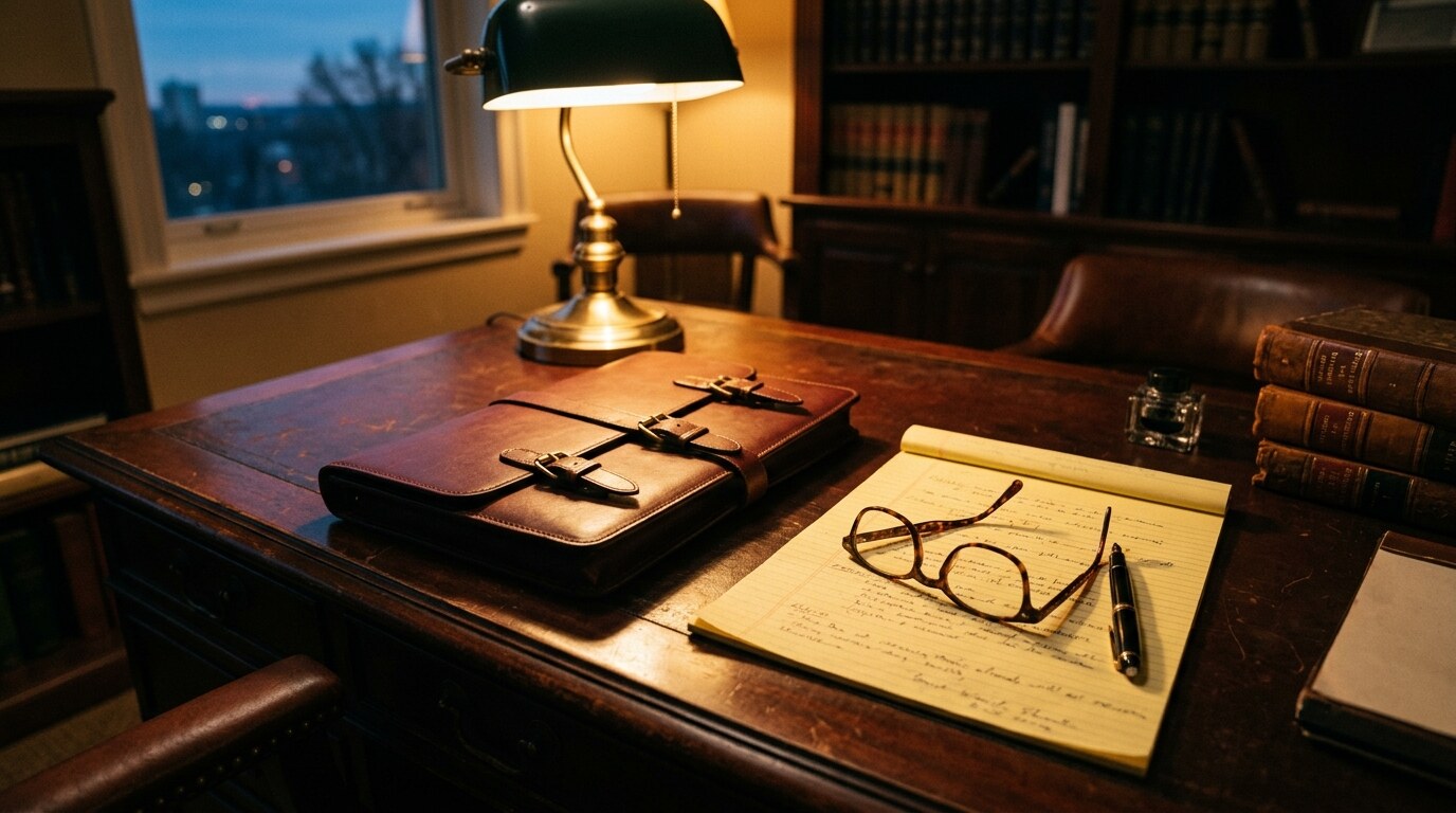 Empty courthouse corridor at dusk with closed leather case files on a wooden bench beside a folded newspaper