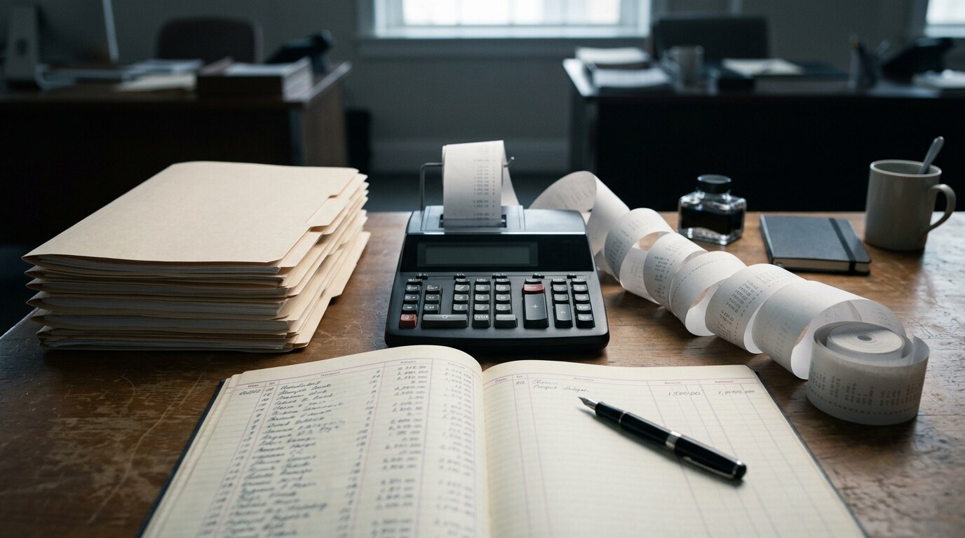 Calculator and settlement disbursement statement on a desk