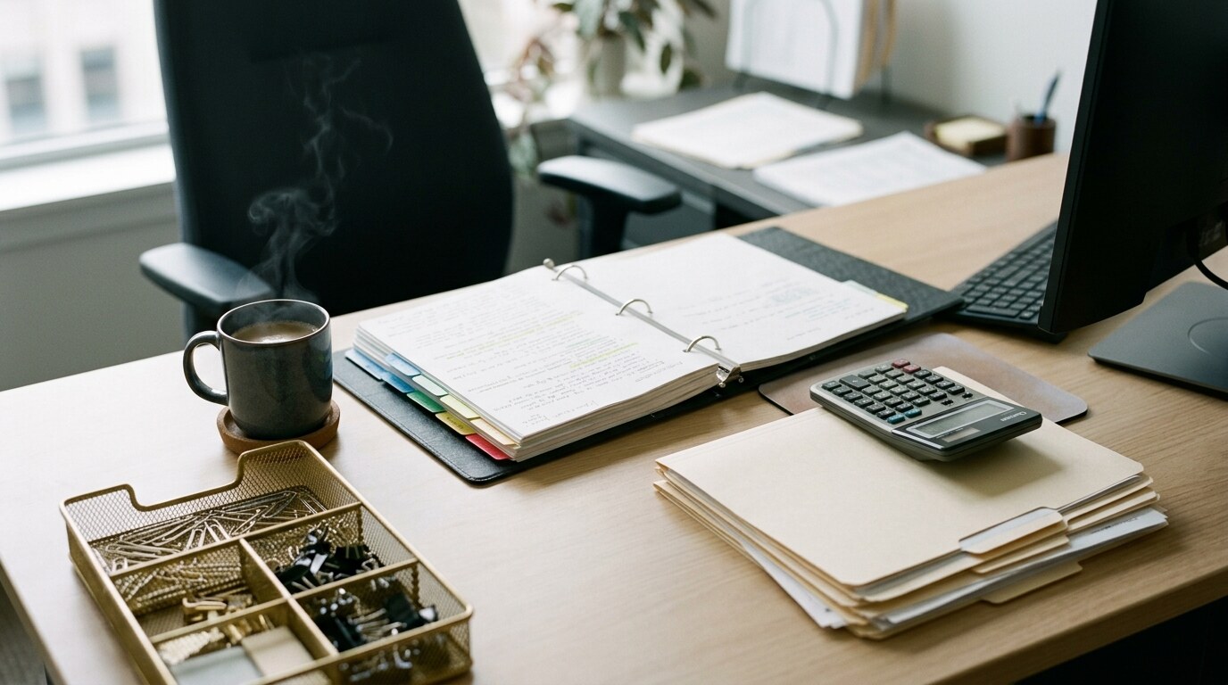 Paralegal's desk with a multi-monitor setup showing a lien schedule and settlement spreadsheet