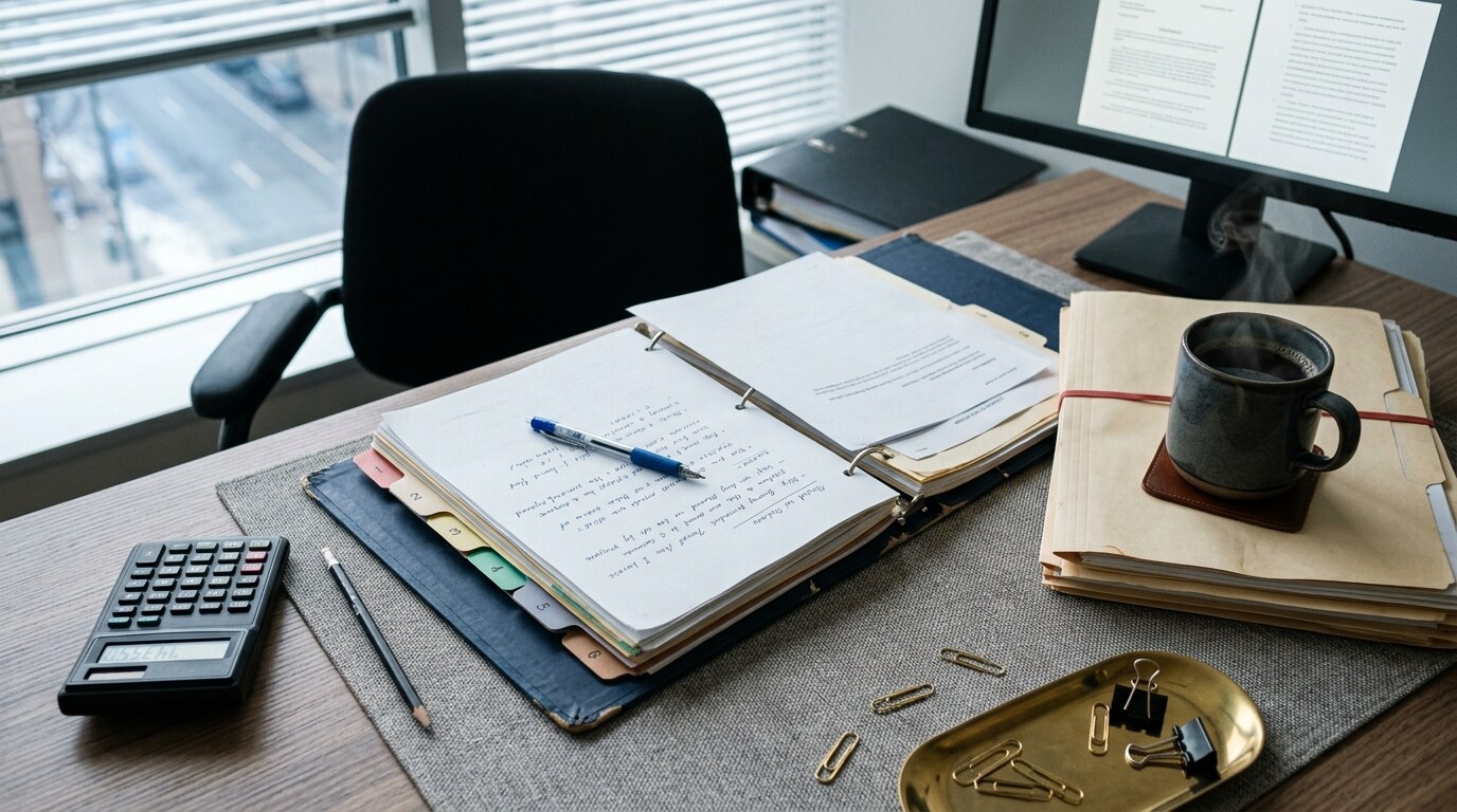 Ledger book and calculator on a wooden desk beside a coffee cup and a stack of settlement check copies