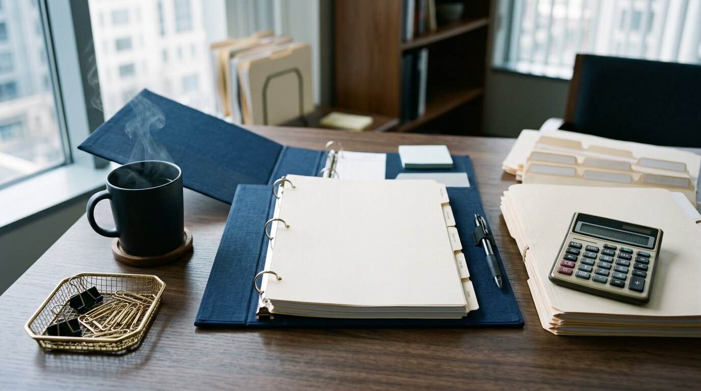 Stack of case folders on a desk with a wall calendar behind