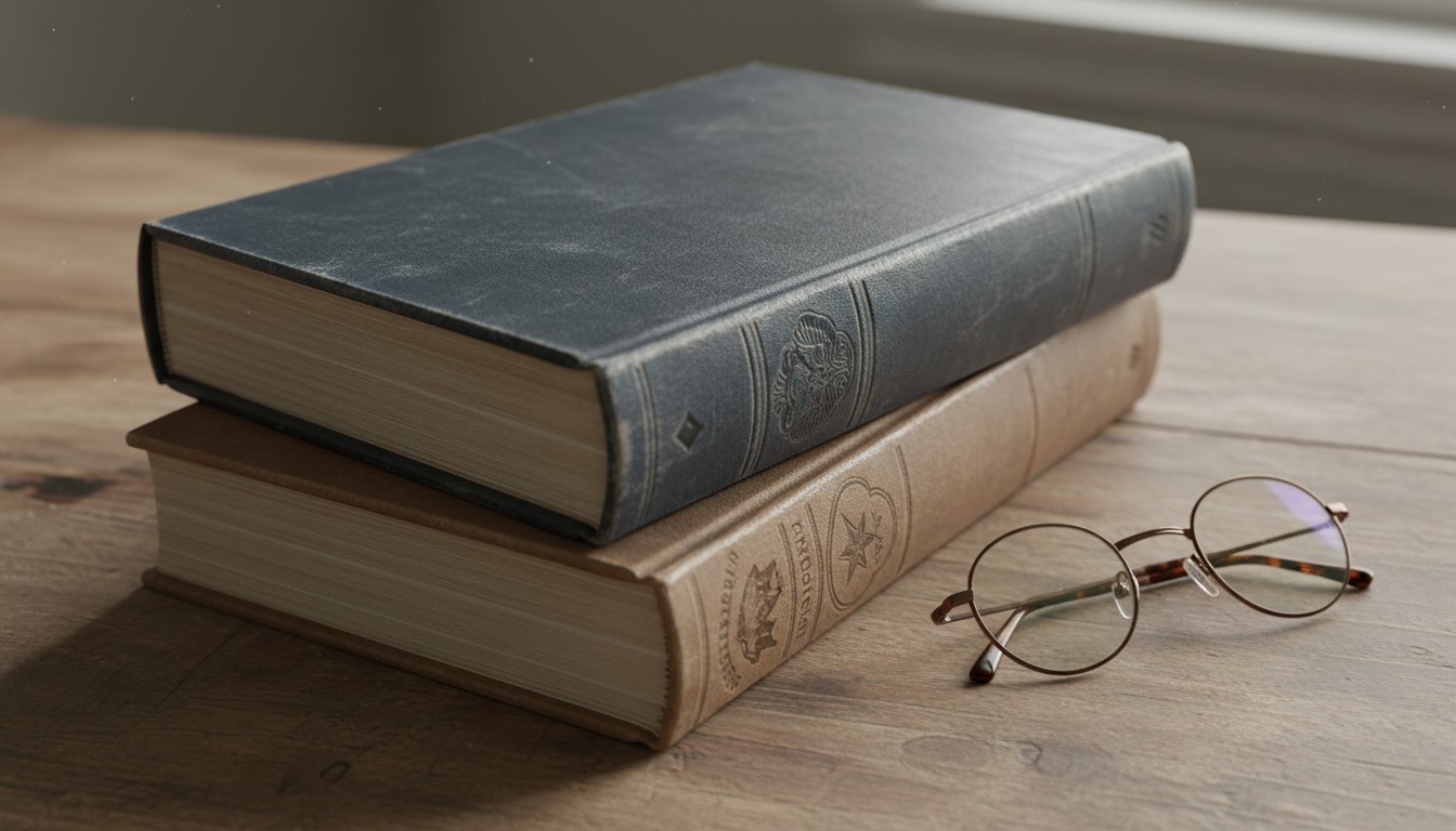 Two stacked legal volumes on a desk beside reading glasses