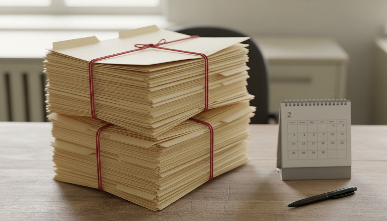 Tall stack of beige folders bound with red string beside a desk calendar