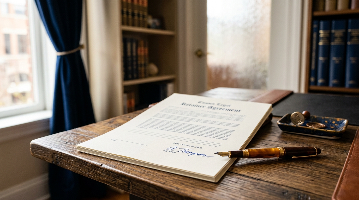 Signed legal retainer document on a wooden desk with a fountain pen lying across the signature line in soft window light, muted navy and amber tones