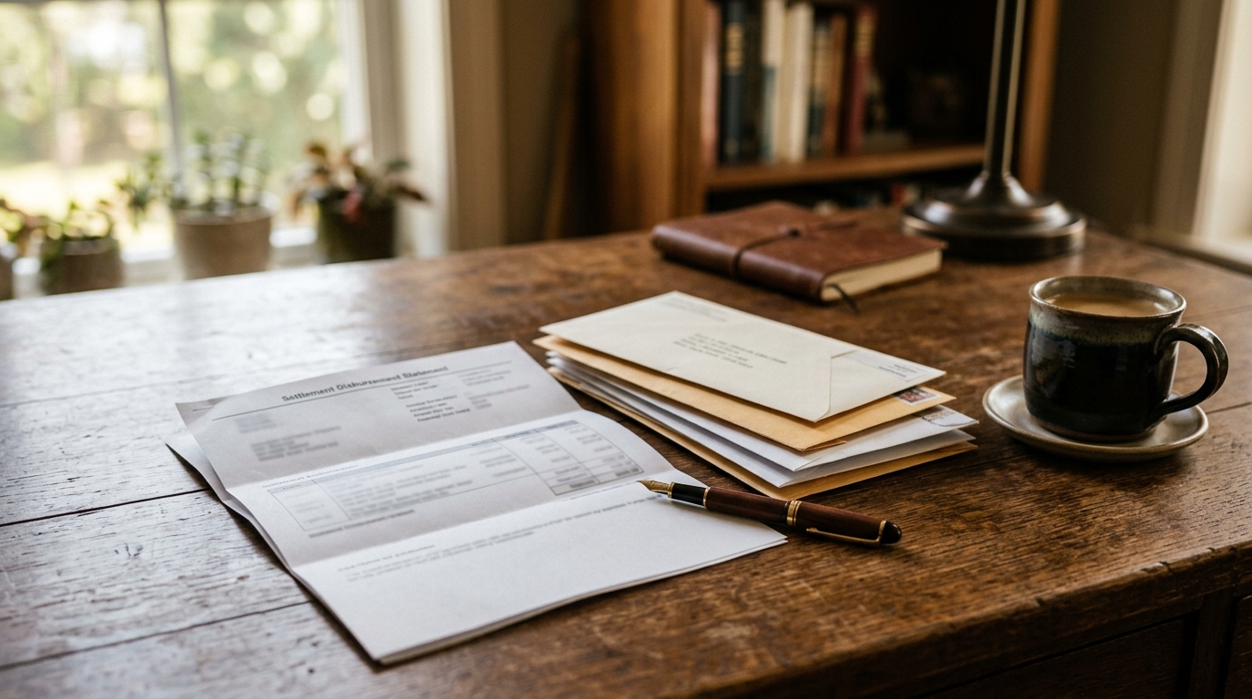 A disbursement statement and legal notices arranged on a wooden desk under warm window light, suggesting settlement paperwork and pending claims.