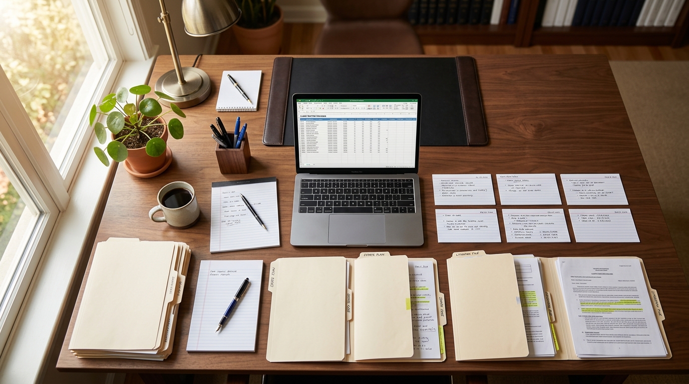 Overhead view of an organized desk with client folders, a laptop spreadsheet, and index cards arranged in a grid under warm window light.