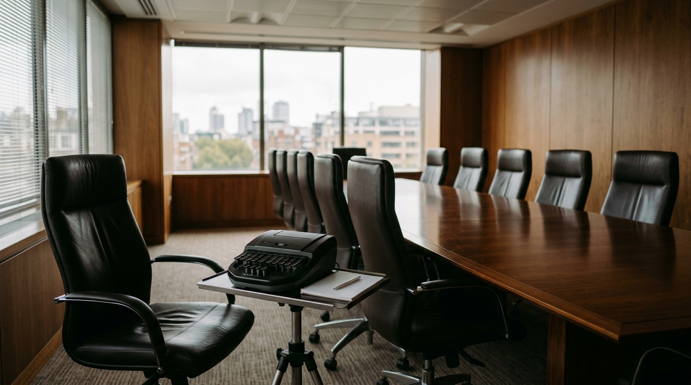 An empty deposition conference room with an unoccupied stenographic reporting machine beside a long table and empty chairs.