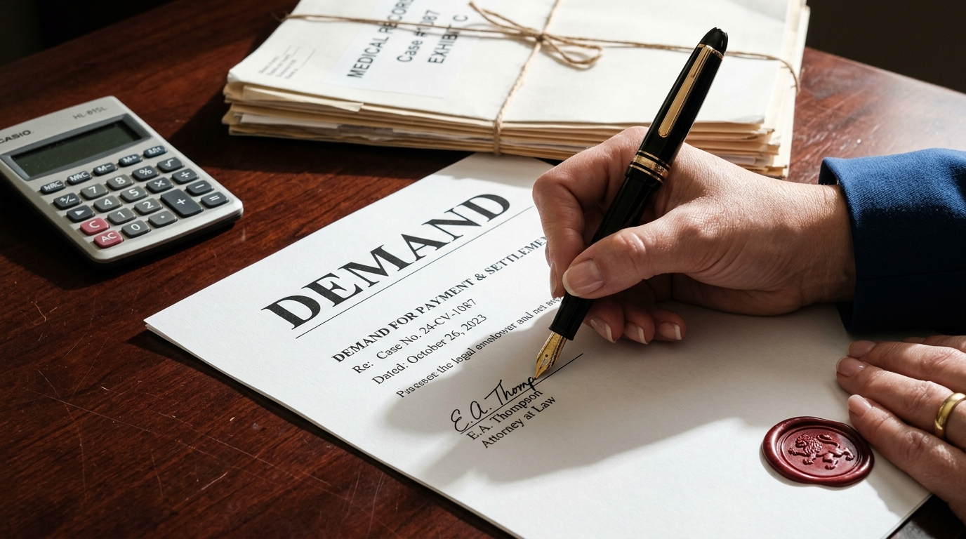 Drafted demand letter on a desk with a fountain pen and case file