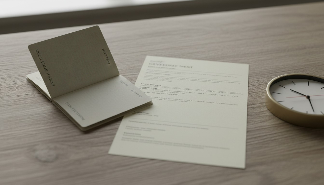 Passport beside a printed form and a desk clock