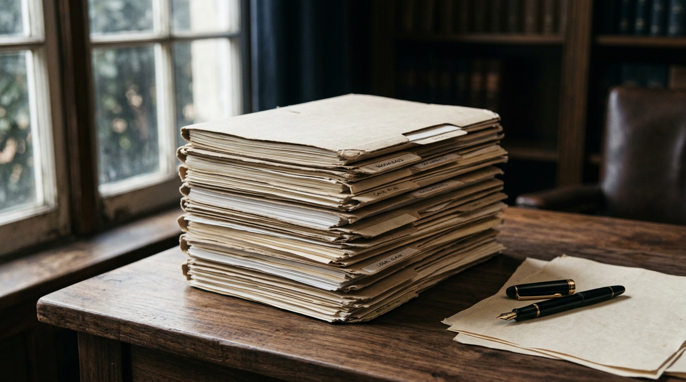 Stack of manila claim files on a dark walnut conference table next to a fountain pen in soft window light, evoking careful health-plan paperwork review