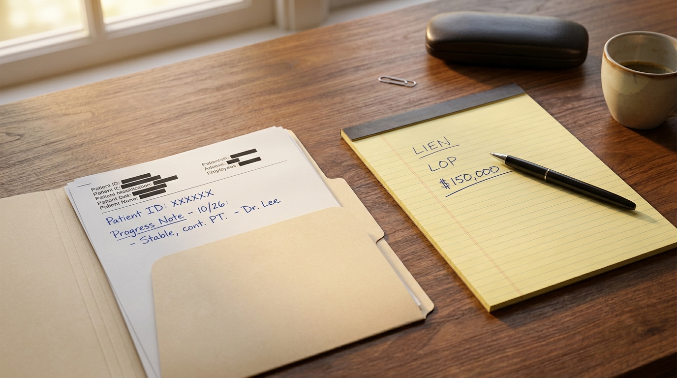 Medical chart and yellow legal pad with handwritten lien notes on a wooden desk