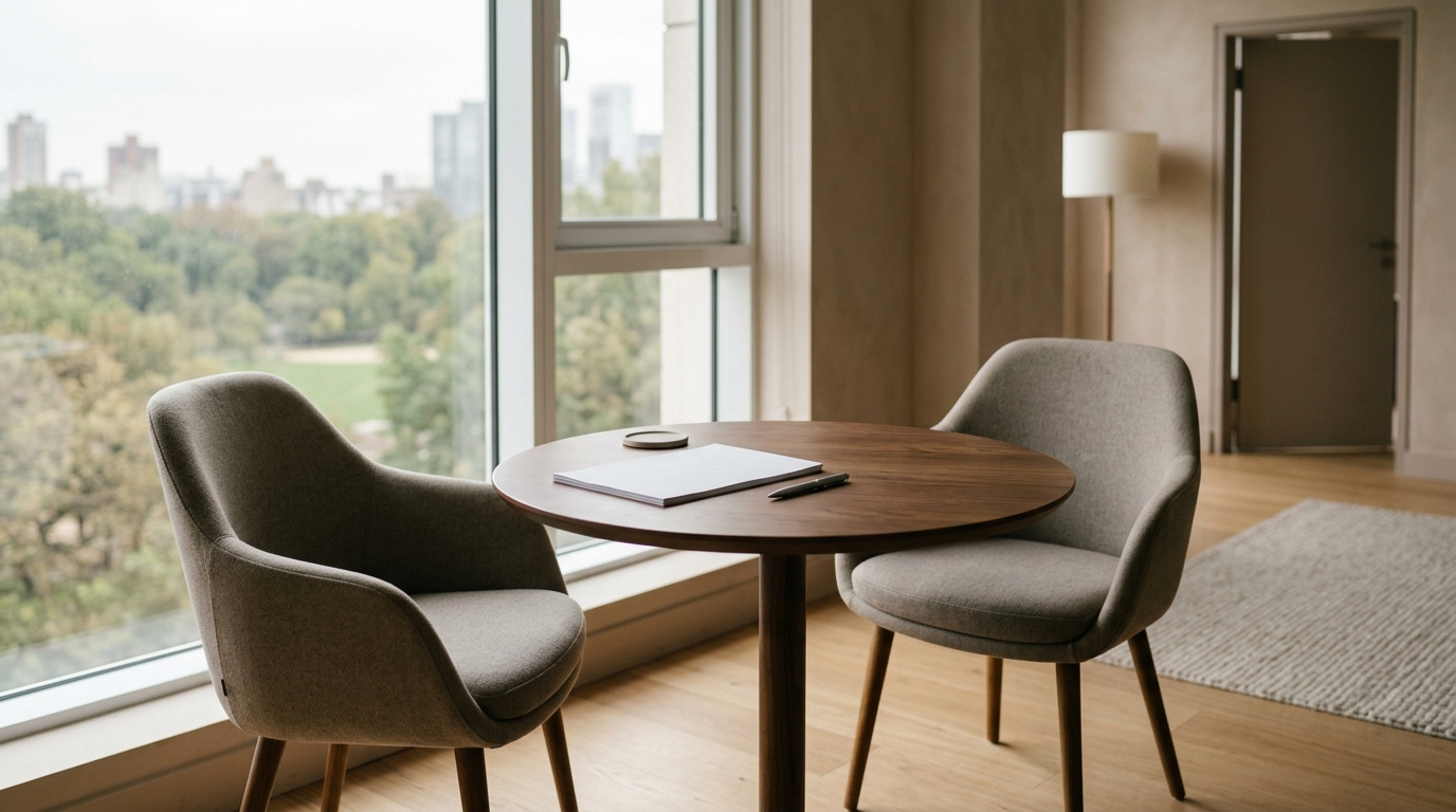 An empty office meeting room with two chairs facing each other across a table by a window, suggesting a conversation that has not yet happened.