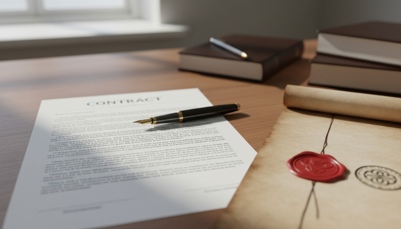 A printed legal contract on a wooden desk next to a sealed document with a red wax seal and notary stamp