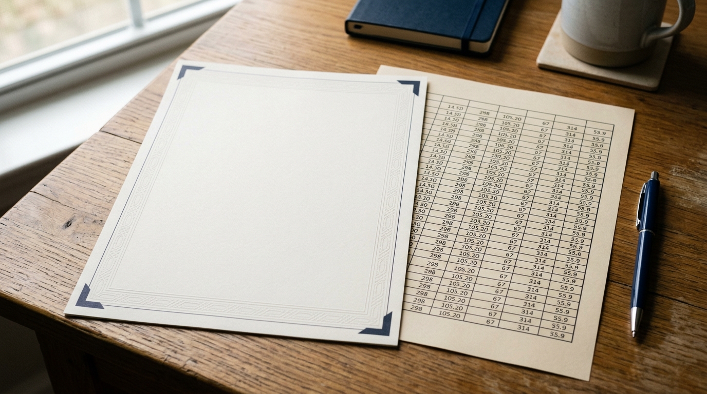 Government letterhead document on a desk beside a printed allocation worksheet with columns of numbers and a ballpoint pen in soft daylight