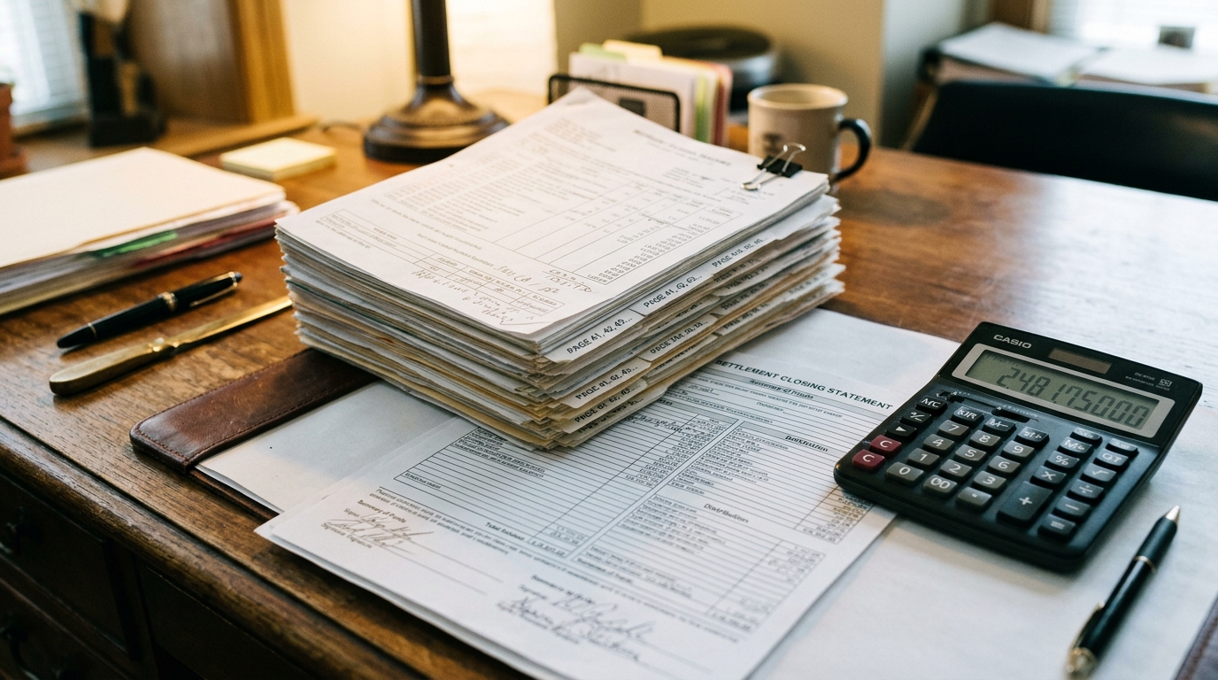 Attorney's desk with medical billing records, a settlement closing statement, and a calculator under warm light
