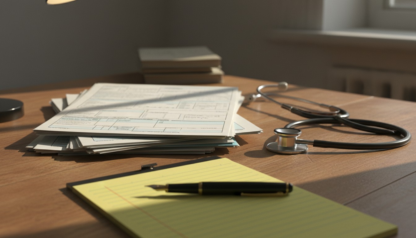 Stethoscope resting on an open medical chart next to a legal pad