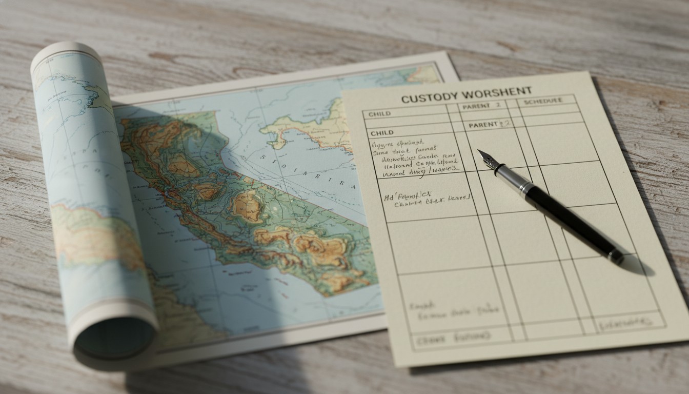 Map of California on a desk beside a custody worksheet and fountain pen