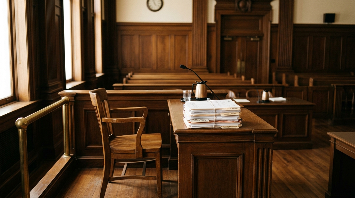 Counsel table stacked with medical billing folders, CPT code printouts, and a yellow legal pad in soft courtroom light.