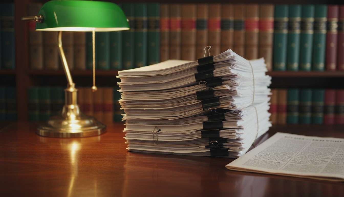 Attorney reviewing appellate opinions on a desk with stacked case files