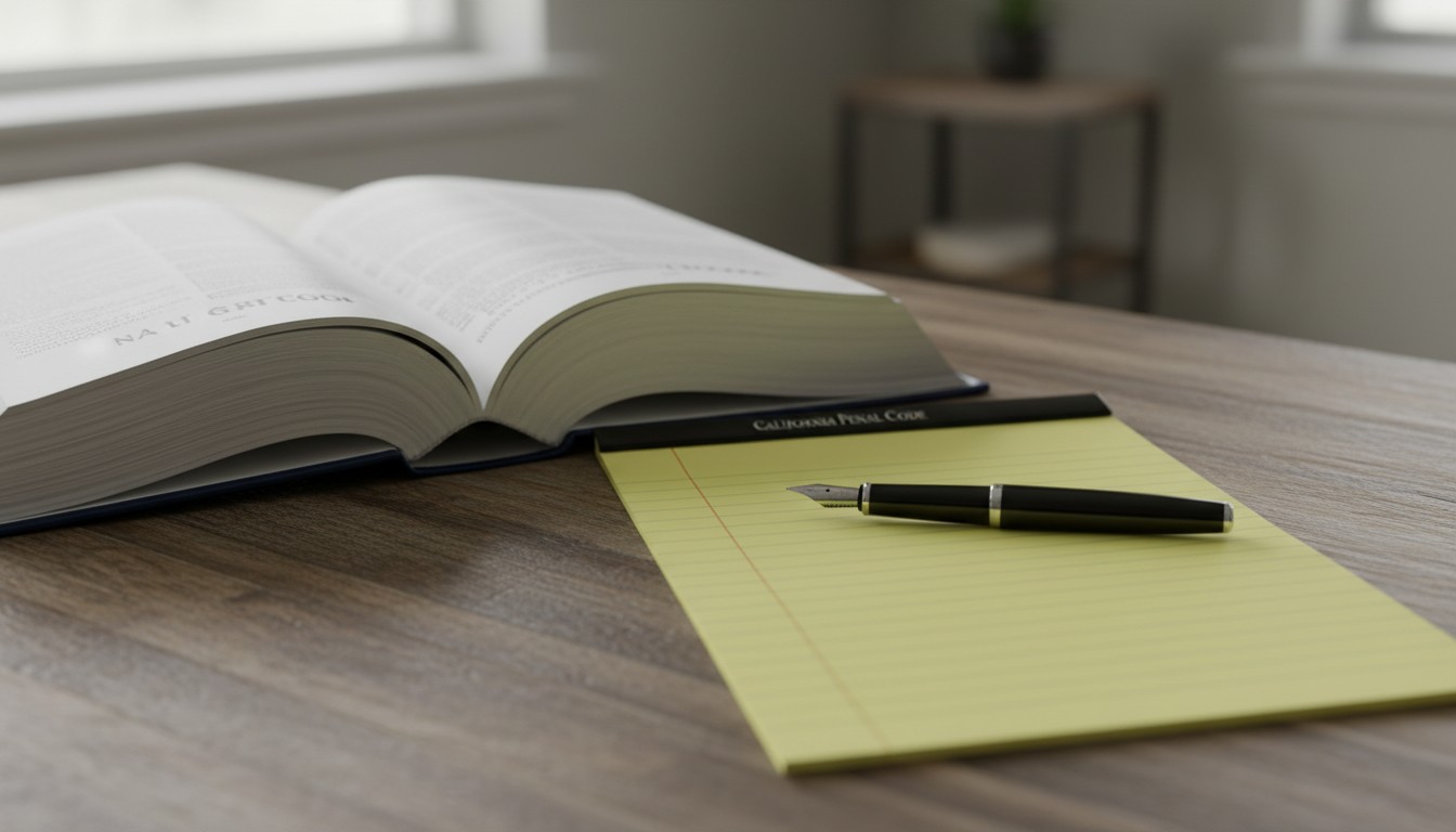 Open California penal code volume on a desk beside a legal pad and fountain pen