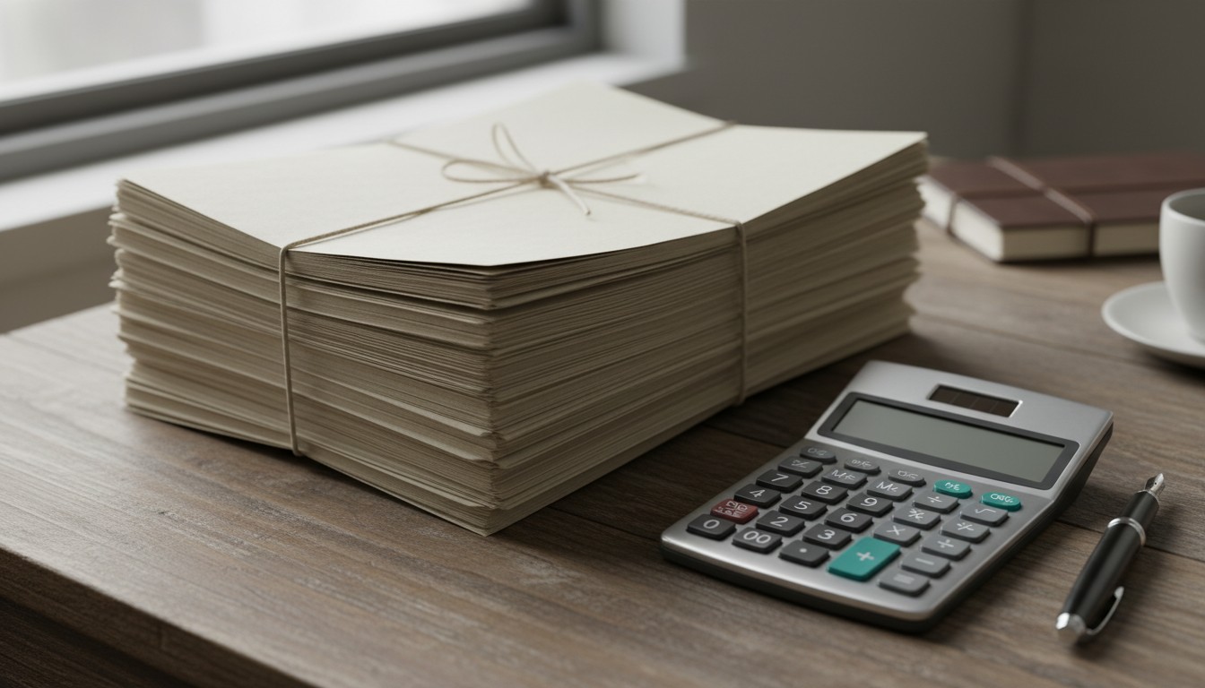 Stack of retirement plan documents on a desk beside a calculator and fountain pen