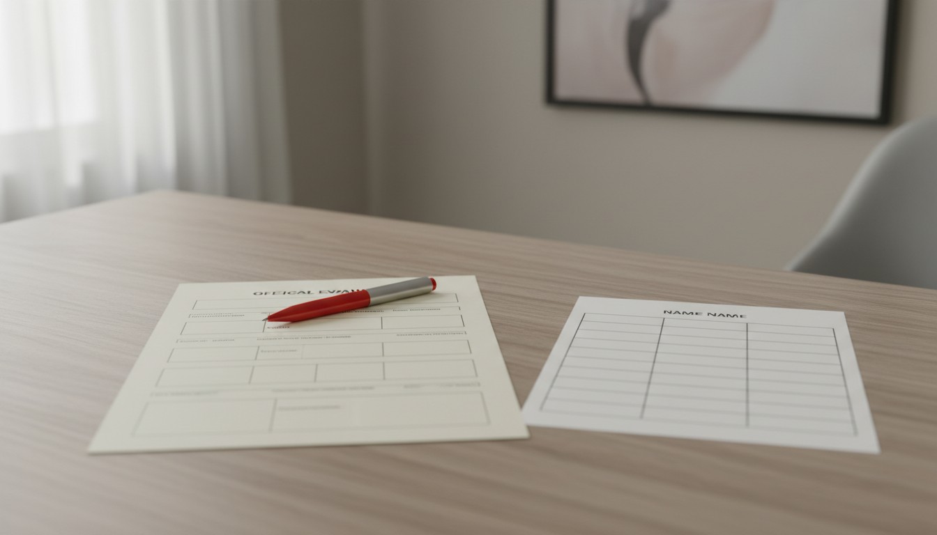 Medical evaluation form and a printed panel sheet on a desk with a red felt pen