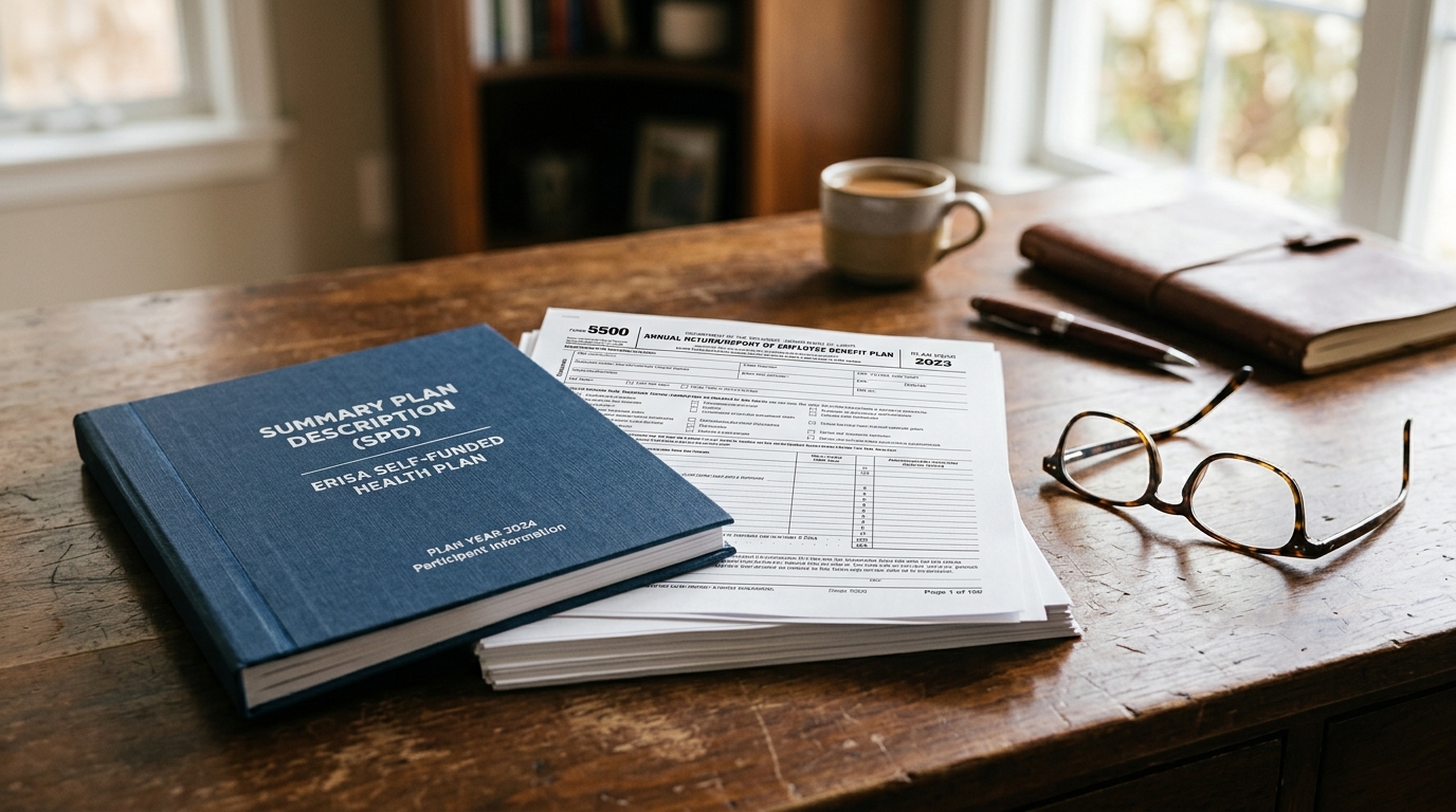 Stacked legal and financial documents on a wooden desk with reading glasses and a pen, suggesting careful review of plan paperwork.