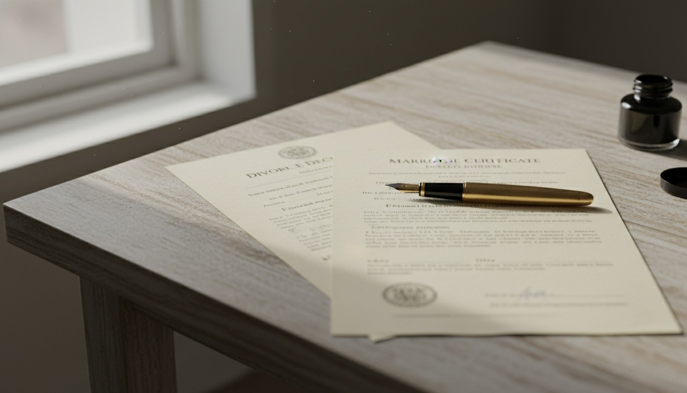 Divorce decree and marriage certificate on a desk beside a fountain pen