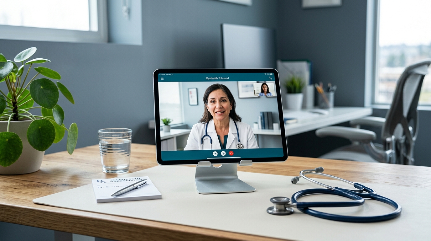 Patient on a tablet during a telemedicine appointment with a physician on screen