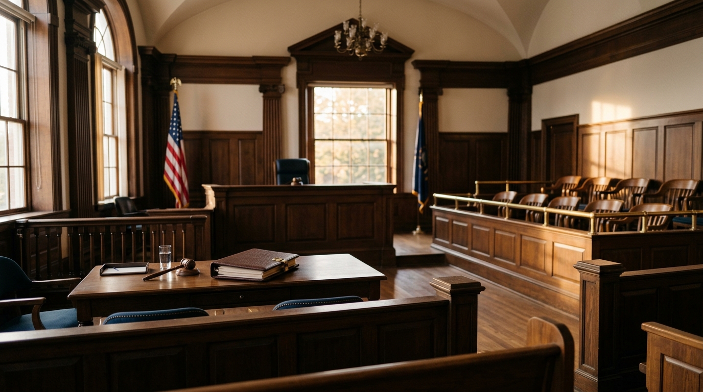 Empty courtroom interior with plaintiff table, closed leather binder, jury box at right in soft afternoon light through tall windows