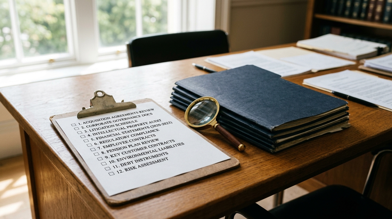 Clipboard with a printed checklist and a magnifying glass on a wooden desk next to a stack of medical records folders in soft natural light