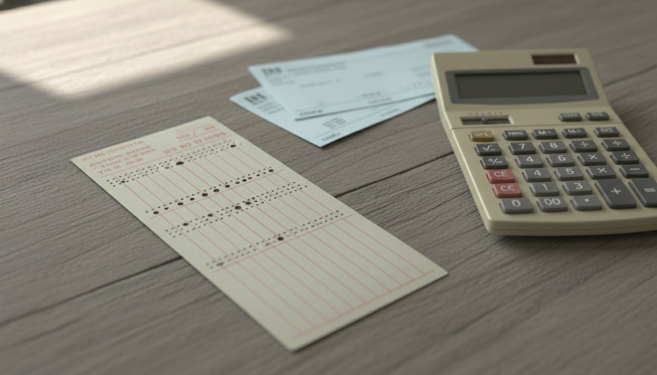 Paper timecard and pay stubs beside a calculator on a wooden desk