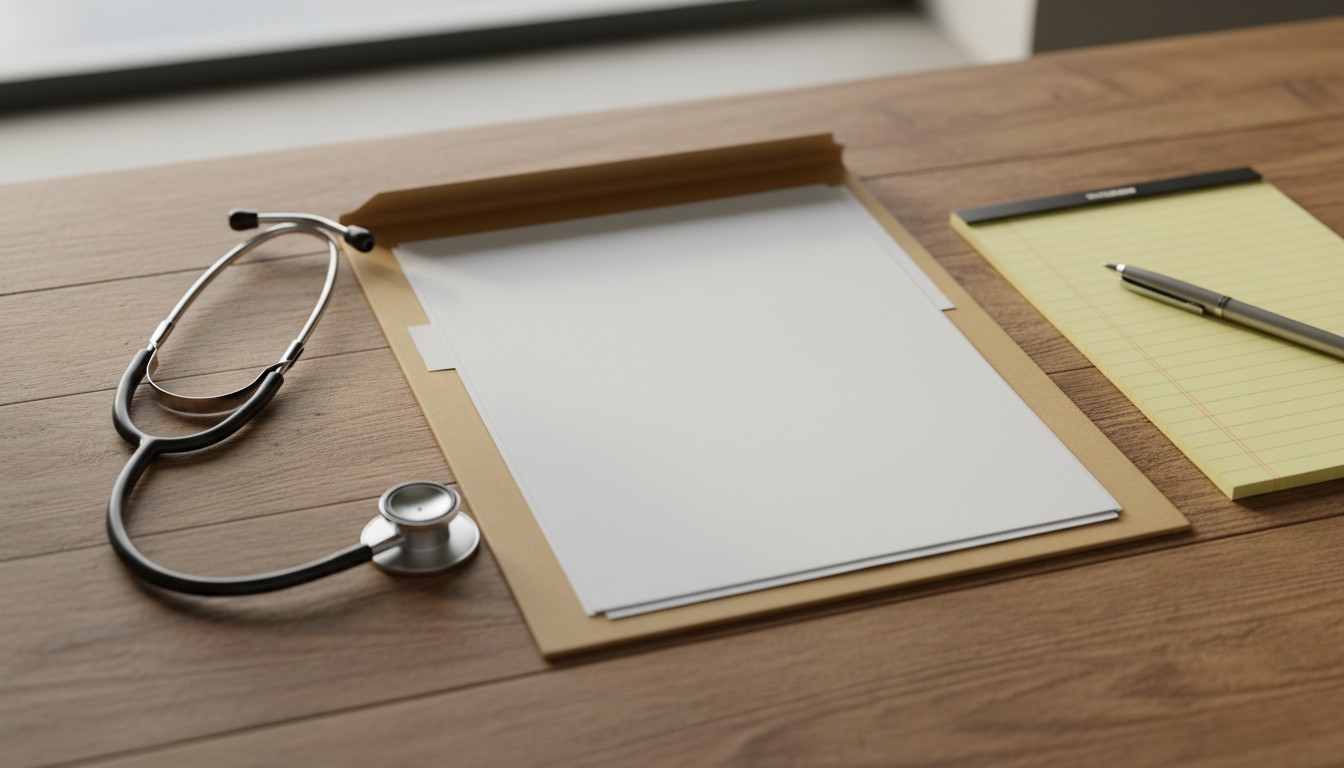 Workers compensation claim folder on a desk beside a stethoscope and yellow legal pad