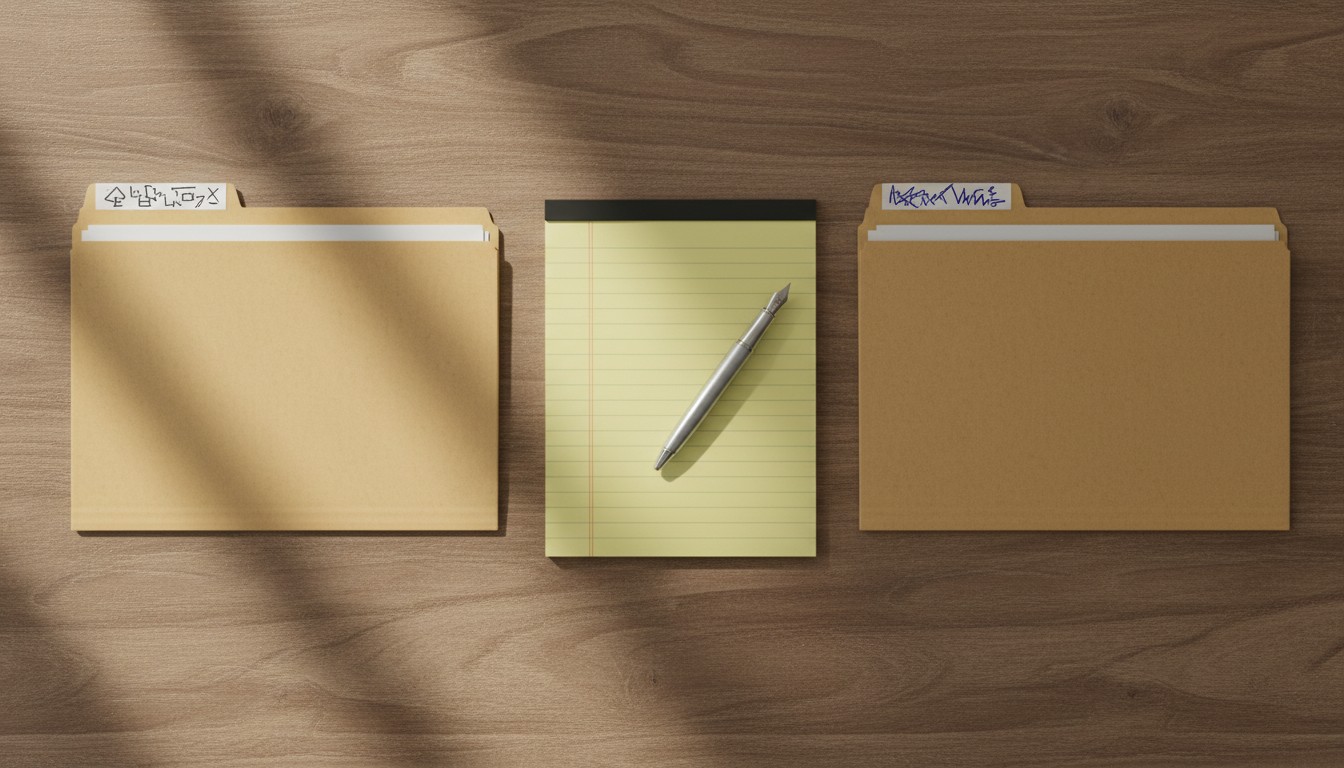 Two case folders side by side on a desk with a legal pad and fountain pen